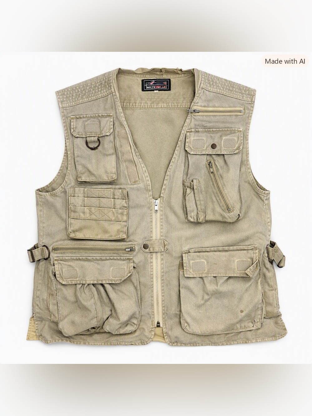 Vintage Tan/Light Green Cotton Fishing Utility Tactical Vest size large outdoor